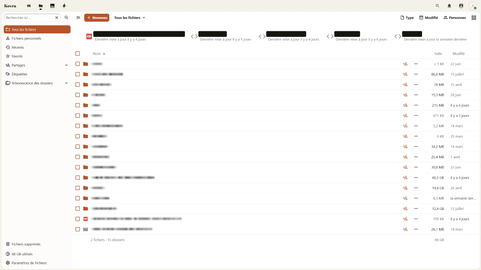 L'interface de fichiers aux couleurs de Kovra : fichiers récents en haut, liste des dossiers avec leur taille et leur date de modification ; les noms sont masqués